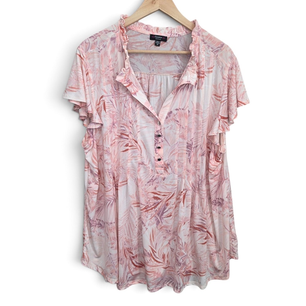 Cocomo Woman Top Womens 3X Pink Tropical Palm Flutter Sleeve Ruffle Neck Blouse